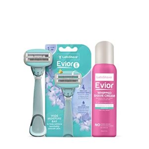 LetsShave Evior 6 Body Hair Removal Razor Shaving Kit for Women | Wide Head & Open Flow Cartridge | Dual Moisture Bar & Micro Comb Guard Bar | For Arms & Legs | Razor + Whipped Shave Cream