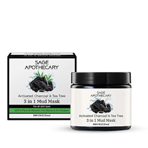 Sage Apothecary 100% Pure Natural Activated Charcoal & Tea Tree 3 In 1 Mud Face Mask | Remove Blackheads