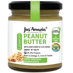 Jus' Amazin Crunchy Organic Peanut Butter - with Crunchy Flax and Sunflower Seeds | 28% Protein | Plant-Based Nutrition | Rich in Omega-3 | Zero Chemicals | Dairy Free | 100% Organic Ingredients