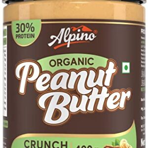 Alpino Organic Natural Peanut Butter Crunch 400 G | Unsweetened | 30 G Protein | 100% Roasted Peanuts | No Added Sugar