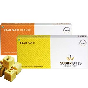 LB RAY No Sugar Bites Stevia Soan Papdi Pack of 2 X 250g - 100% Sugar Free Sweets (Elaichi & Orange)