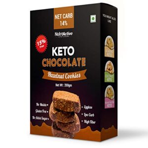 NutroActive Keto Chocolate Hazelnut Cookies | 0.5g Net Carb per Cookie | Zero Sugar | Gluten Free Snacks- 200g