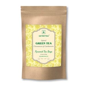 Getmytea Spiced Green Tea (Cinnamon & Cardamom) Kashmiri Kahwa Pyramid Tea Bags - (Set of 20 Bags X 2g Each)