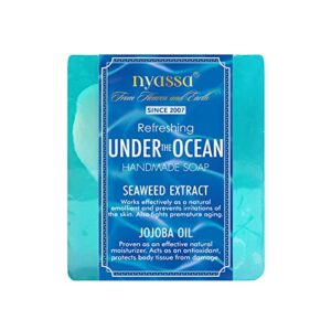 Nyassa Under the ocean Handmade Sugar Soap 150 gm from India with natural ingredients and a fresh aquatic fragrance. Enriched with goodness of Seaweed Extract and Jojoba oil. (150gm)