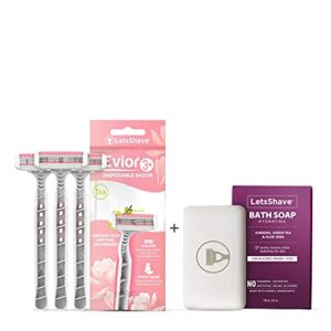 LetsShave Evior 3 Blade Plus Disposable Razor for Women (Pack of 3) with Hydrating Bath Soap for Men & Women Both with Ginseng