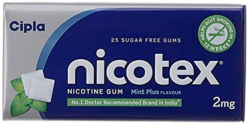 Cipla Nicotex Nicotine Sugar Free Mint Plus Gums 2mg | Helps to Quit Smoking | WHO - approved Therapy | 25 Gums each Tin | Pack of 4