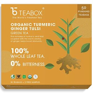 Teabox Turmeric Ginger Tulsi Green Tea Bags 50 pcs | For Immunity Boosting & Sore Throat Prevention | Made with 100% Whole Leaf