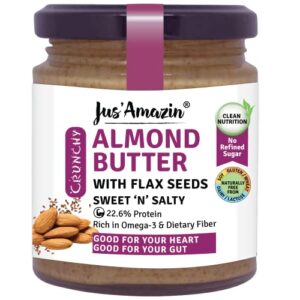 Jus' Amazin Crunchy Almond Butter - with Crunchy Flaxseeds (200g) | 22% Protein | Plant-Based Nutrition | 86% Almonds | Rich in Omega-3 | Zero Chemicals | Vegan | Dairy Free | 100% Natural