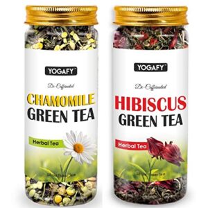 YOGAFY- Combo - Darjeeling Green Tea - 200g - 100 cups | Hibiscus Green Tea - 100g & Chamomile Green Tea- 100g |