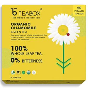 Teabox Chamomile Green Tea Bags 25 Pieces | For Stress Relief & Good Sleep | Made with 100% Whole Leaf & Natural Chamomile Flowers | 2 Free Samples Included