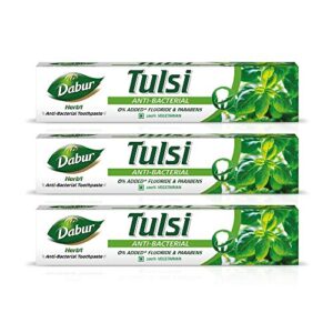 Dabur Herb'l Tulsi - Anti Bacterial Cavity Protection Toothpaste with No added Fluoride and Parabens- 200 g (Pack of 3)
