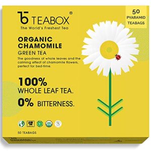 Teabox Chamomile Green Tea Bags 50 pcs | For Stress Relief & Good Sleep | Made with 100% Whole Leaf & Natural Chamomile Flowers | 2 Free Samples Included