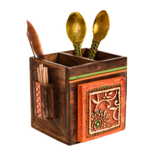 Cutlery Holder Handcrafted in Wood with Tribal Art  (4.5x4x4") - Article : AAC-41-04-01