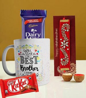 India Direct SmartBuy Kundan Rakhi For Brother Gift Mug and Chocolate
