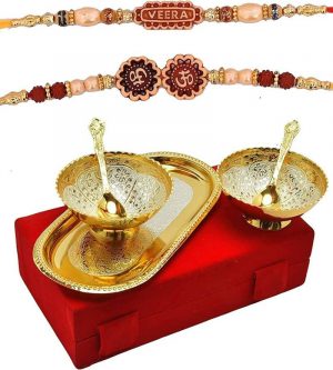 Rakhi & Gift Set for Brother [Gift Combo - Rakhi with 2 Brass Bowl with Velvet Box