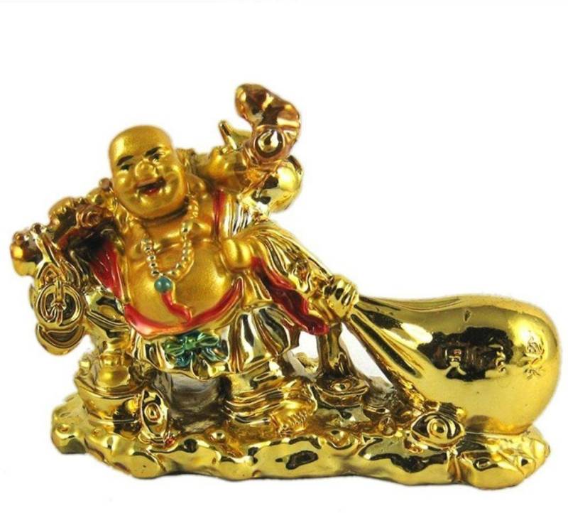 Ryme Feng Shui Gold Laughing buddha drag money potli for wealth & Happiness | Spiritual Decor Decorative Showpiece  -  12 cm  (Polyresin