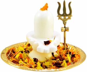 OgCombo pack of 3 ps Shaligram White Shiva Ling Lingam Statue Hindu Puja Brass Plate with Stand Decorative Pooja Thali Shivling White Marble Stone Trishul Set Brass  (3 Pieces