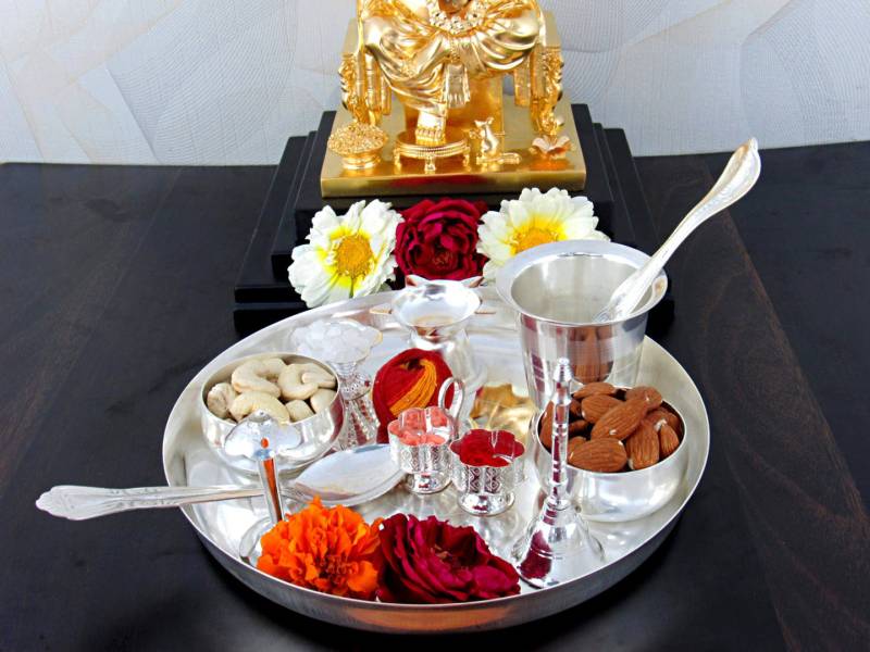 GoldGiftIdeas 8 Inch Mangalmay Pooja Thali Set Silver Plated  (11 Pieces