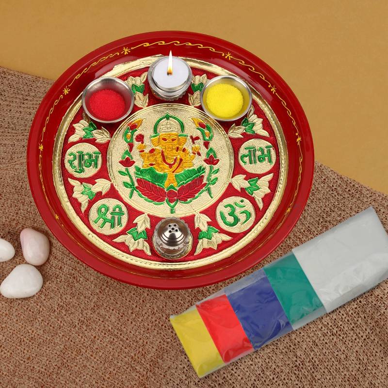 TIED RIBBONS 12 inch Pooja Thali with Rangoli Color Stainless Steel  (Multicolor)