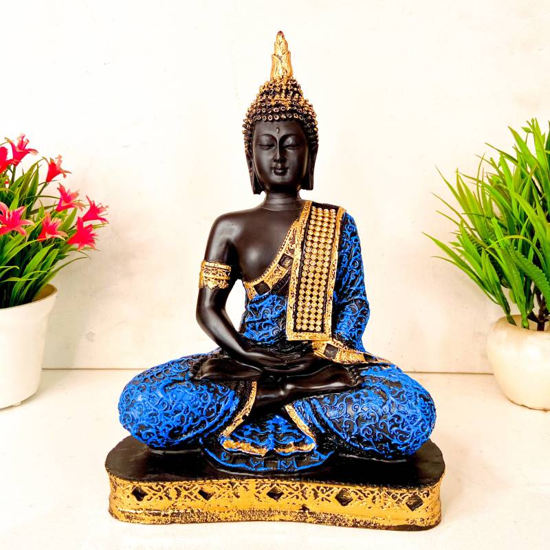 Fashion Bizz Blue Golden Handcrafted Meditating Samadhi Buddha Sitting Decorative Showpiece  -  23 cm  (Polyresin