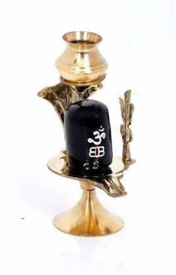 NAVYAKSH Black Shiva Lingam & Brass Abhishek Patra with Trishul & Nag for Puja I Pooja Room | Shivling Showpiece Statue | Car Dashboard Murti (Brass Argha Stand with Kalash for Shivling) Brass (Gold) Brass  (Gold)