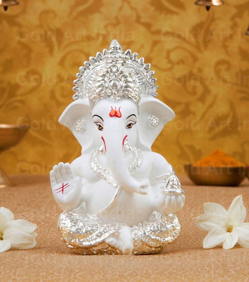 Gold Art India Gold Art India Silver plated Ganesha with white terracotta color Lord Ganesha for gift Ganesha for car dashboard Ganesha Showpiece Diwali gifts Birthday gifts Decorative Showpiece  -  8.8 cm  (Polyresin