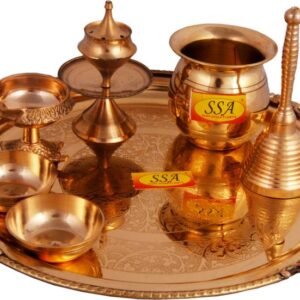 Shivshakti Arts Diwali Navratra Spacial Brass Pooja Thali Set For Laxmi Ganesha & Durga Poojan (7 Pcs = 1 Karvi 26 cm Pooja Thali Set) Brass  (Yellow)