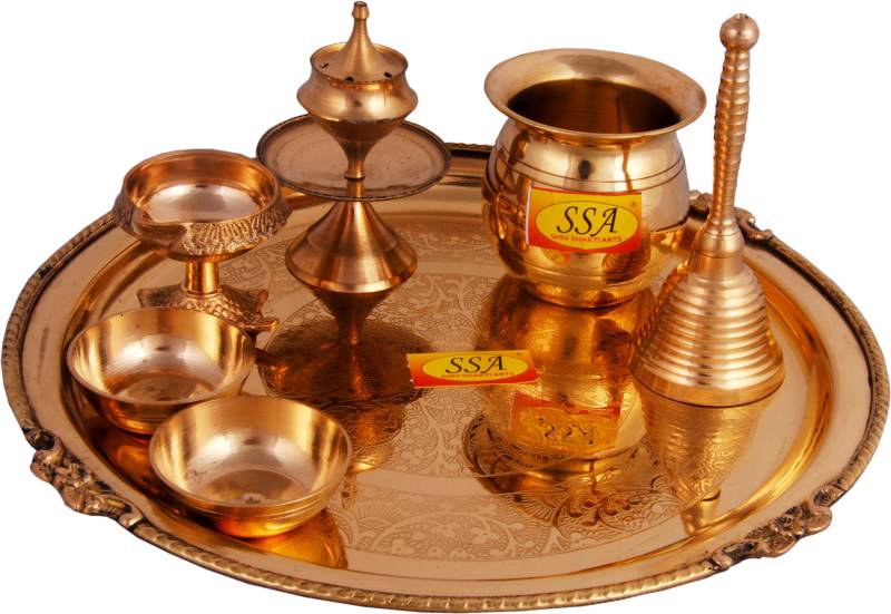Shivshakti Arts Diwali Navratra Spacial Brass Pooja Thali Set For Laxmi Ganesha & Durga Poojan (7 Pcs = 1 Karvi 26 cm Pooja Thali Set) Brass  (Yellow)