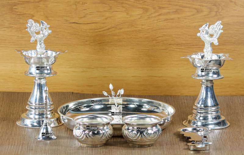 WHITE LOTUS Pooja Thali Set 7 Silver Plated  (7 Pieces