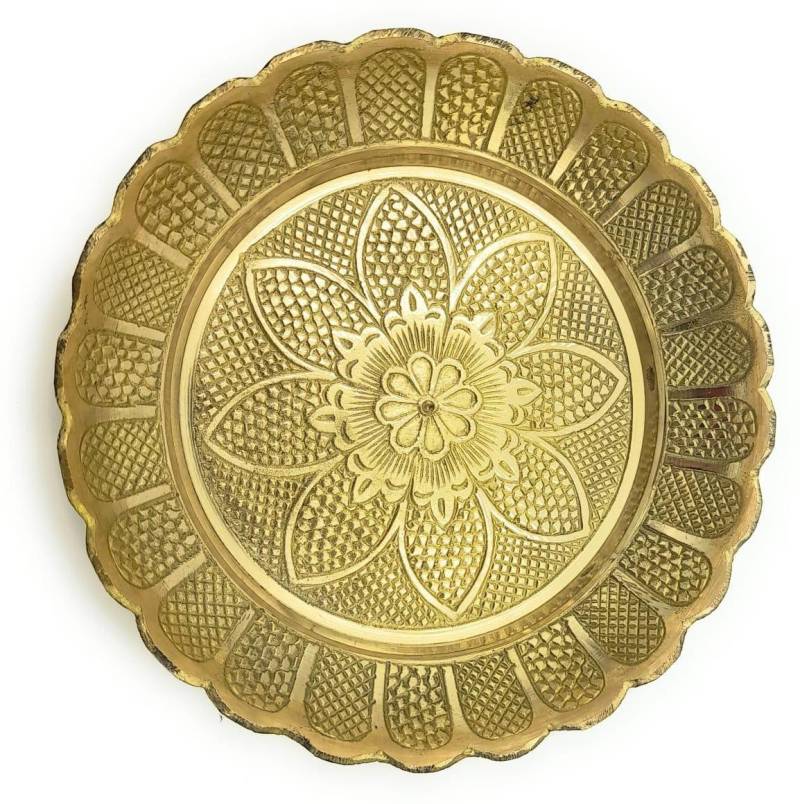 SHLINCO Handmade Brass Puja Thali with Flower Emossed Design
