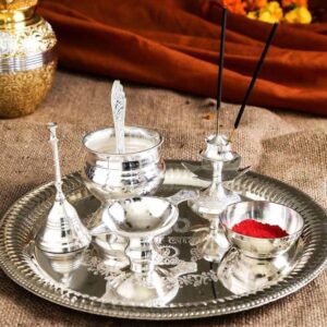 BHARAT SOURCE Silver coated Pooja Thali Set (9 inch & 314 Gram) and best for Diwali Pooja