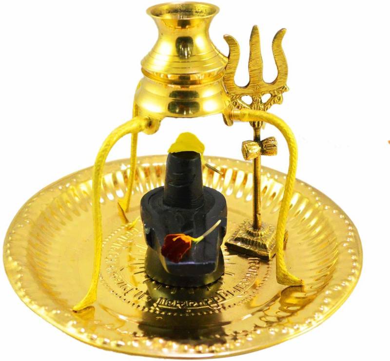 Shiv Marble Shaligram Shiva Ling Lingam Statue Brass Plate with Kalash Stand Brass  (Gold)
