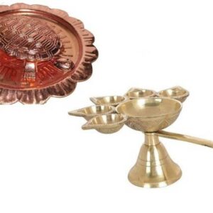 Stylewell Combo Of 2 Pcs Kachua Yantra ( 2 no ) Vaastu/fengshui with Plate With 5 Face Puja Panch Aarti (1 no ) Jyoti/diya Stand Brass  (2 Pieces