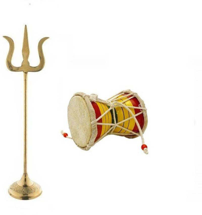 Uniqon Combo of 2 Pcs Trishul Statue (2 no ) With Round Stand And Hand Hammered (No 1) Wooden Damaru Puja Purpose Brass  (2 Pieces
