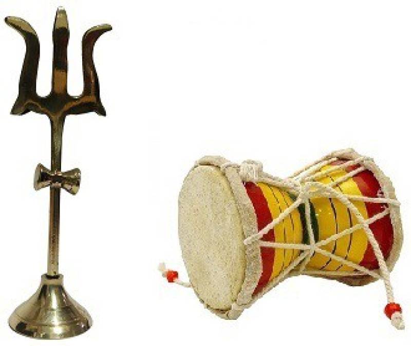 Utkarsh Combo of 2 Pcs Trishul Statue (1 no ) With Round Stand And Hand Hammered (No 1) Wooden Damaru Puja Purpose Brass  (2 Pieces
