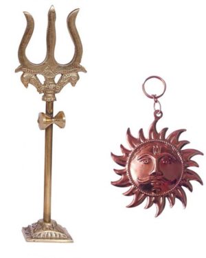 Utkarsh Combo of Trishul Statue With Square Stand And Copper Color Sun Face Wall Hanging Idol For Puja Purpose Brass  (Gold)