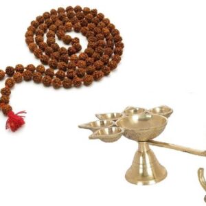 De-Ultimate Combo of 5 Face Puja Camphor Burner Lamp Punch Aarti ( 1 No ) Diya With 8mm Rudraksha Beads Mala for Japa Rosary For Puja Purpose Brass  (Gold)