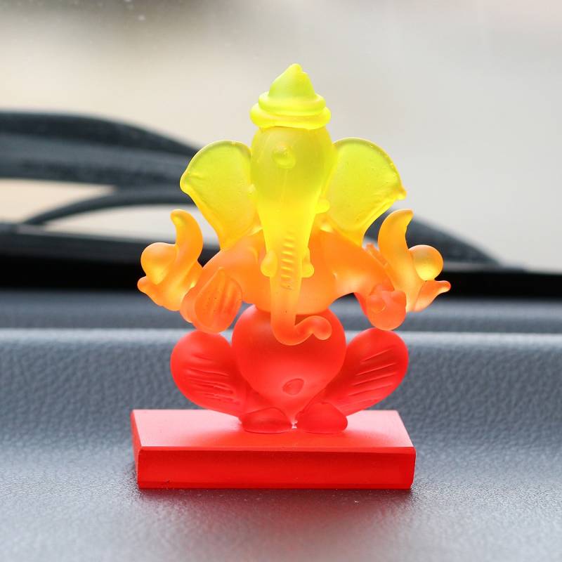 eCraftIndia Yellow and Orange Double Sided Crystal Car Ganesha Decorative Showpiece  -  7.5 cm  (Crystal