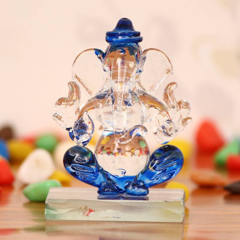 eCraftIndia Blue and Transparent Double Sided Crystal Car Ganesha Decorative Showpiece  -  7.5 cm  (Crystal