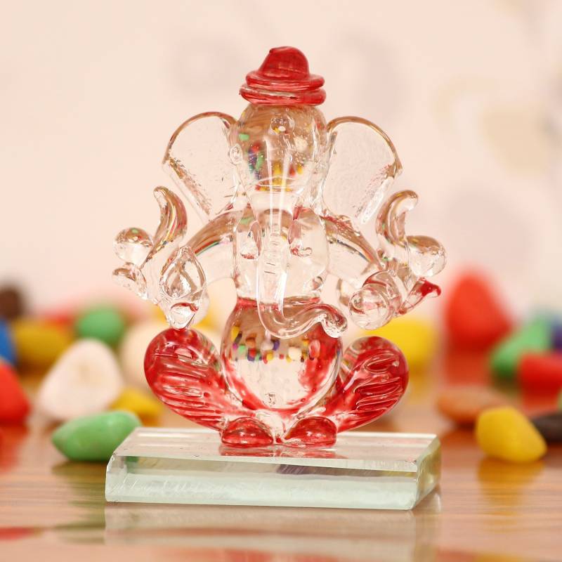 eCraftIndia Red and Transparent Double Sided Crystal Car Ganesha Decorative Showpiece  -  7.5 cm  (Crystal