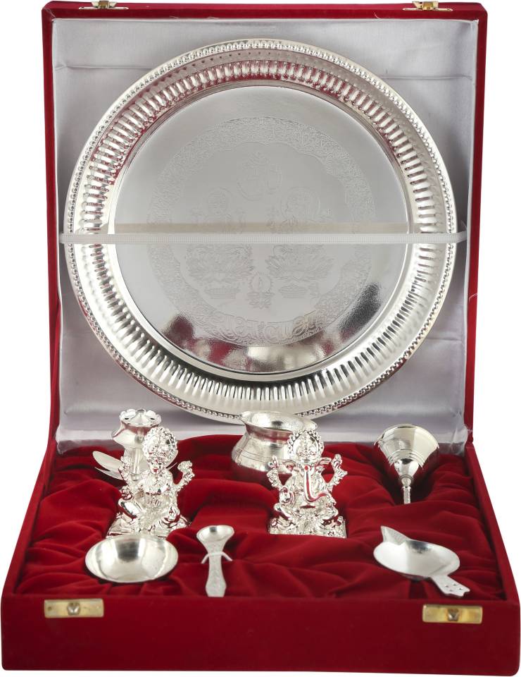 GIFTCITY Laxmi Ganesh Puja Thali Set With Lakshmi Ganesh Idol of Polyresin in Velvet Box For Home | Diwali | Wedding Ceremony | House Warrming Polyresin