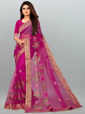 Embroidered Bollywood Net Saree  (Pink