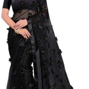 Applique Fashion Net Saree  (Black)