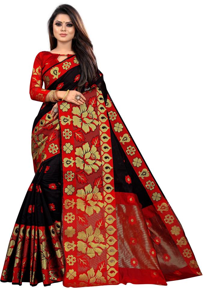 Woven Banarasi Cotton Silk Saree  (Black)