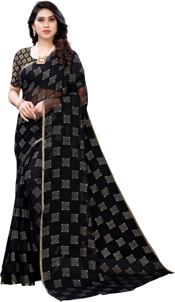 Printed Daily Wear Chiffon Saree  (Black)
