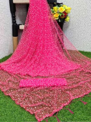 Applique Fashion Net Saree  (Pink)