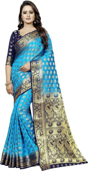 Embellished Kanjivaram Cotton Silk Saree  (Blue)