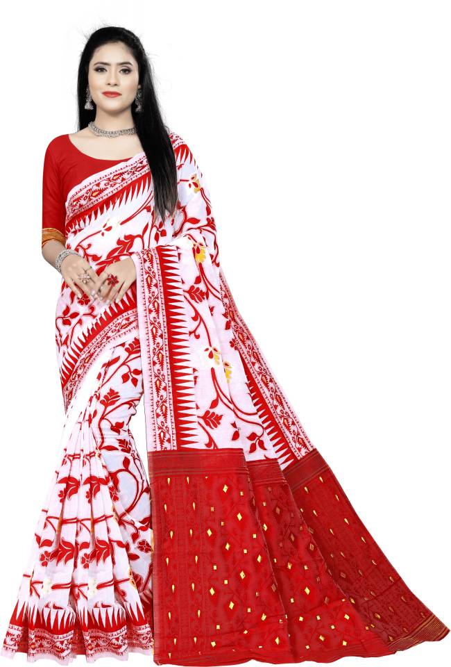 Floral Print Jamdani Cotton Silk Saree  (Red