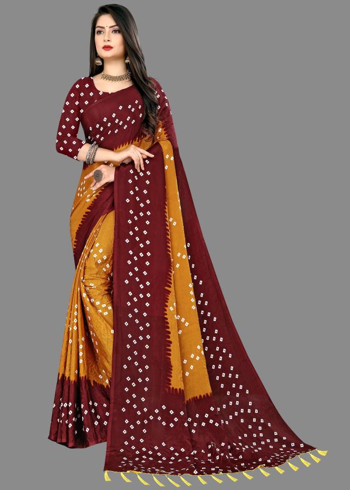 Printed Bandhani Silk Blend Saree  (Maroon)