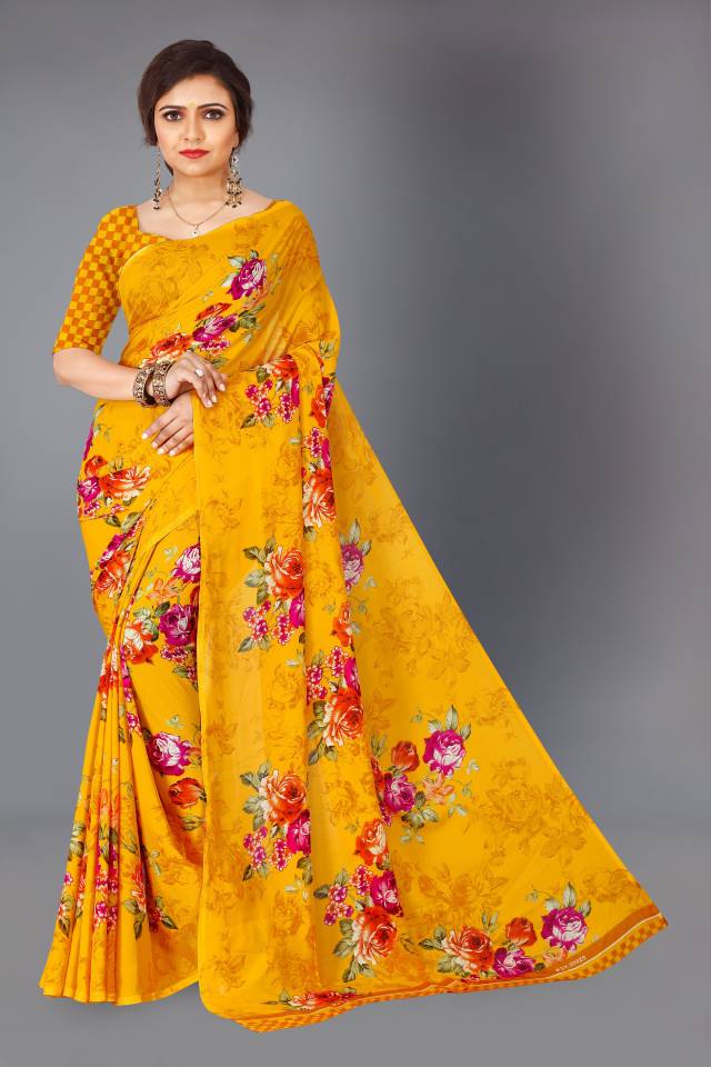 Floral Print Daily Wear Georgette Saree  (Yellow)